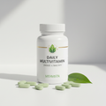 Daily Multivitamin supplement bottle with green and gold accents on a clean white surface