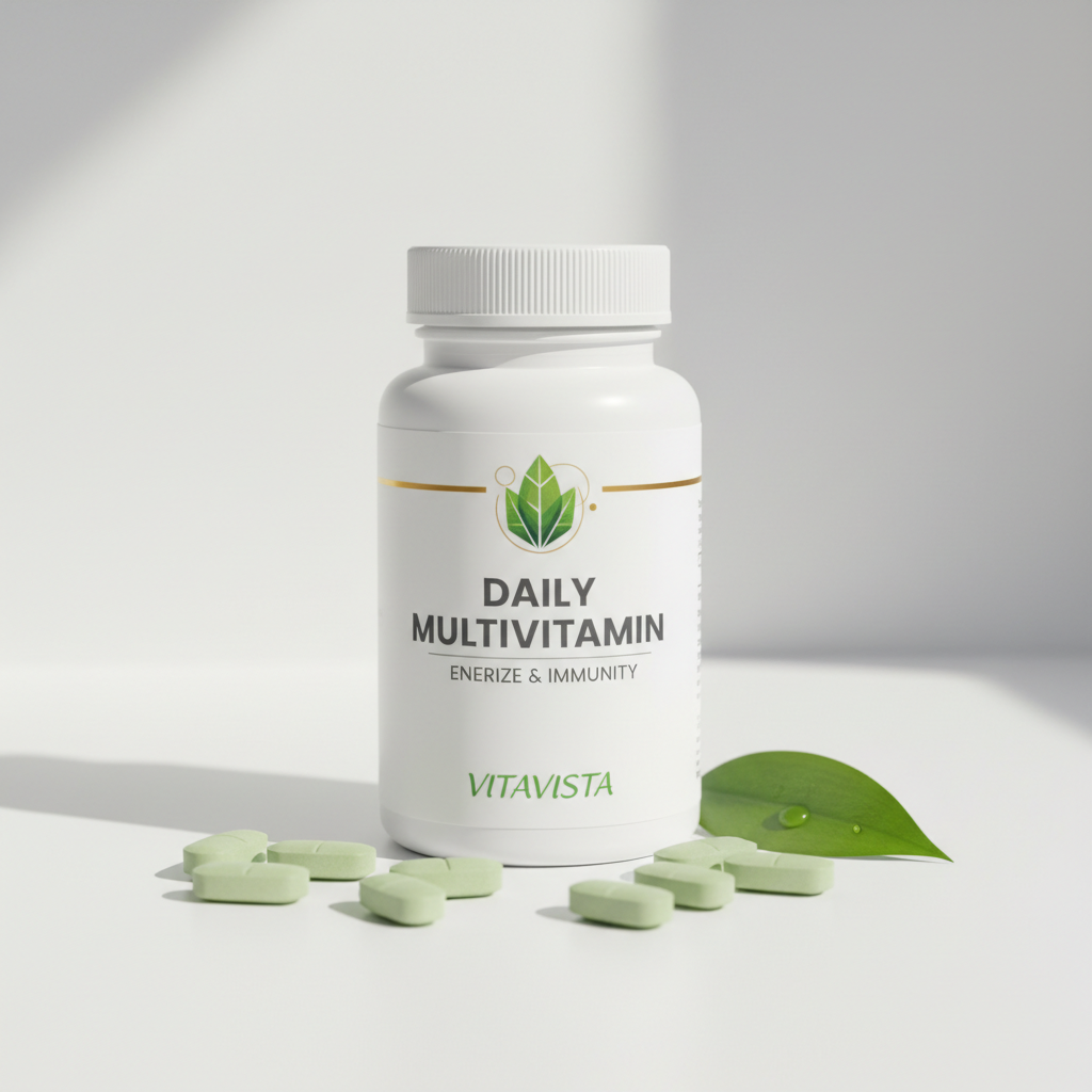 Daily Multivitamin supplement bottle with green and gold accents on a clean white surface