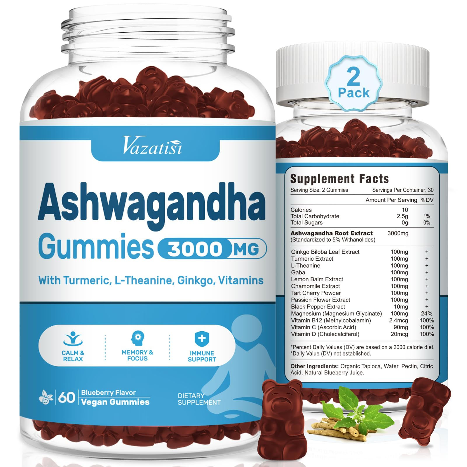 Ashwagandha Gummies 3000mg – Calm, Energy & Focus for Women & Men | Vegan, Non-GMO | 2-Pack 120ct