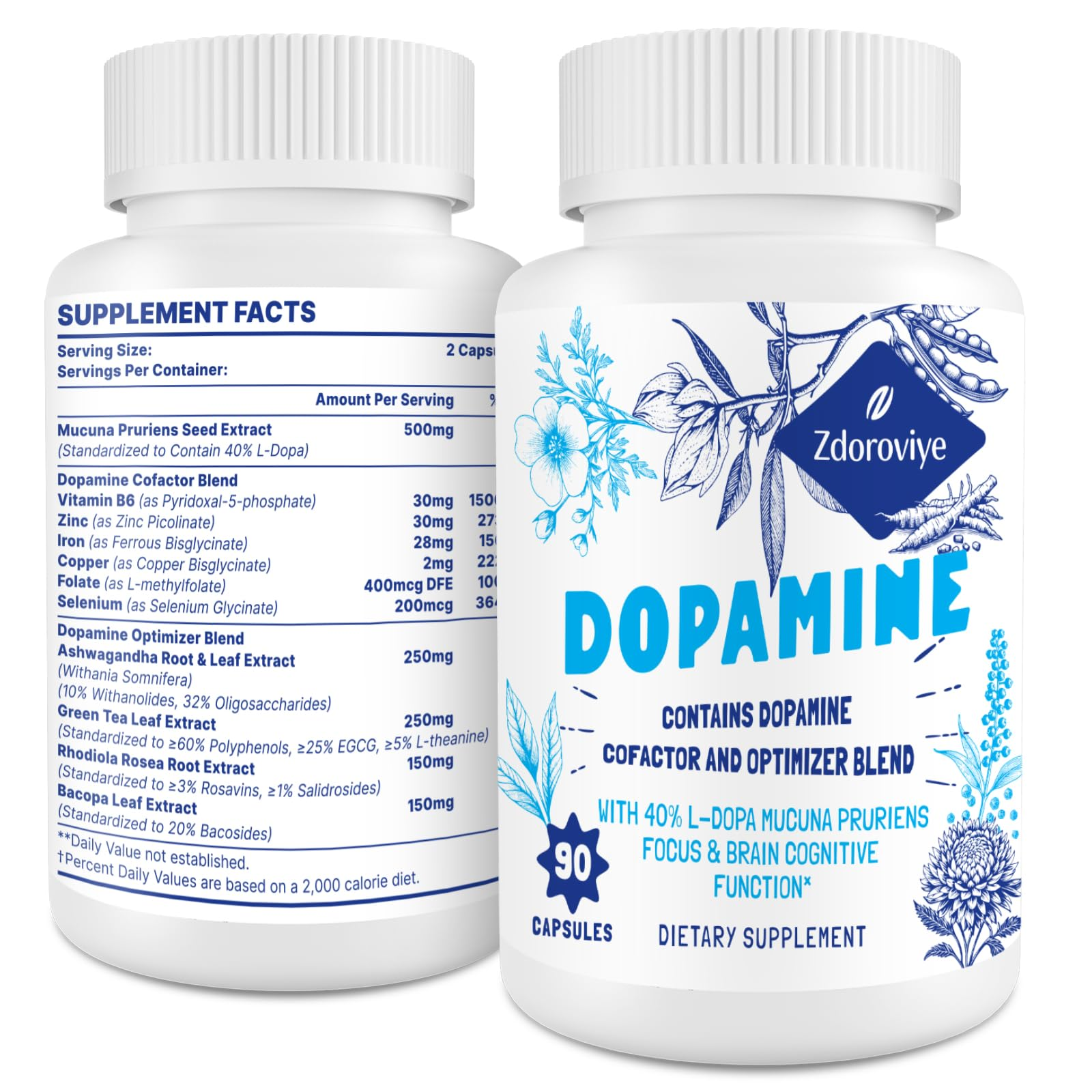 Zdoroviye Dopamine Supplements for Men & Women – 500mg Mucuna Pruriens, Focus & Brain Cognitive Function | 90 Capsules