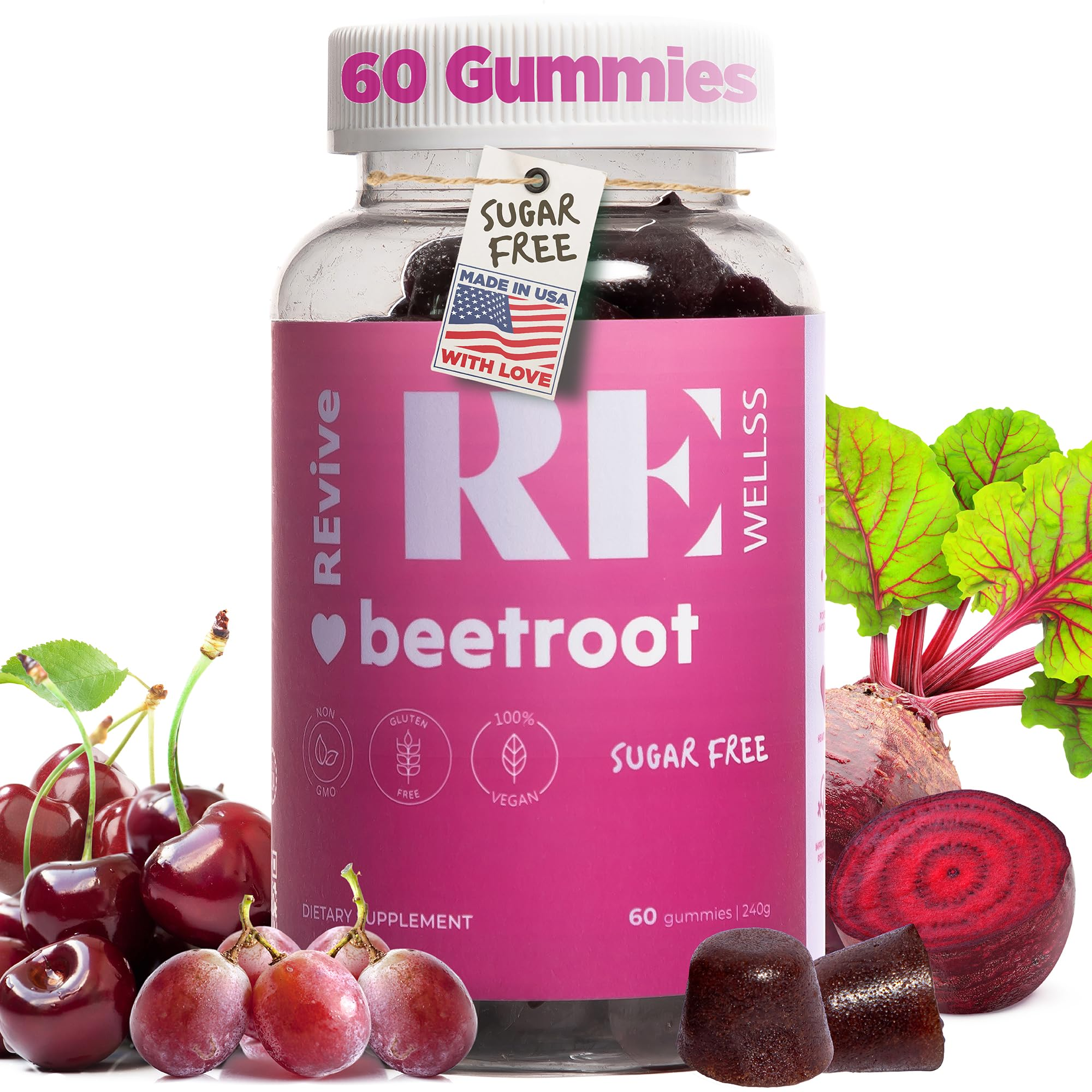 REWELLSS Beetroot Gummies with Grape Seed Extract – Energy, Blood Pressure & Heart Health | Sugar Free, Vegan | 60 Gummies
