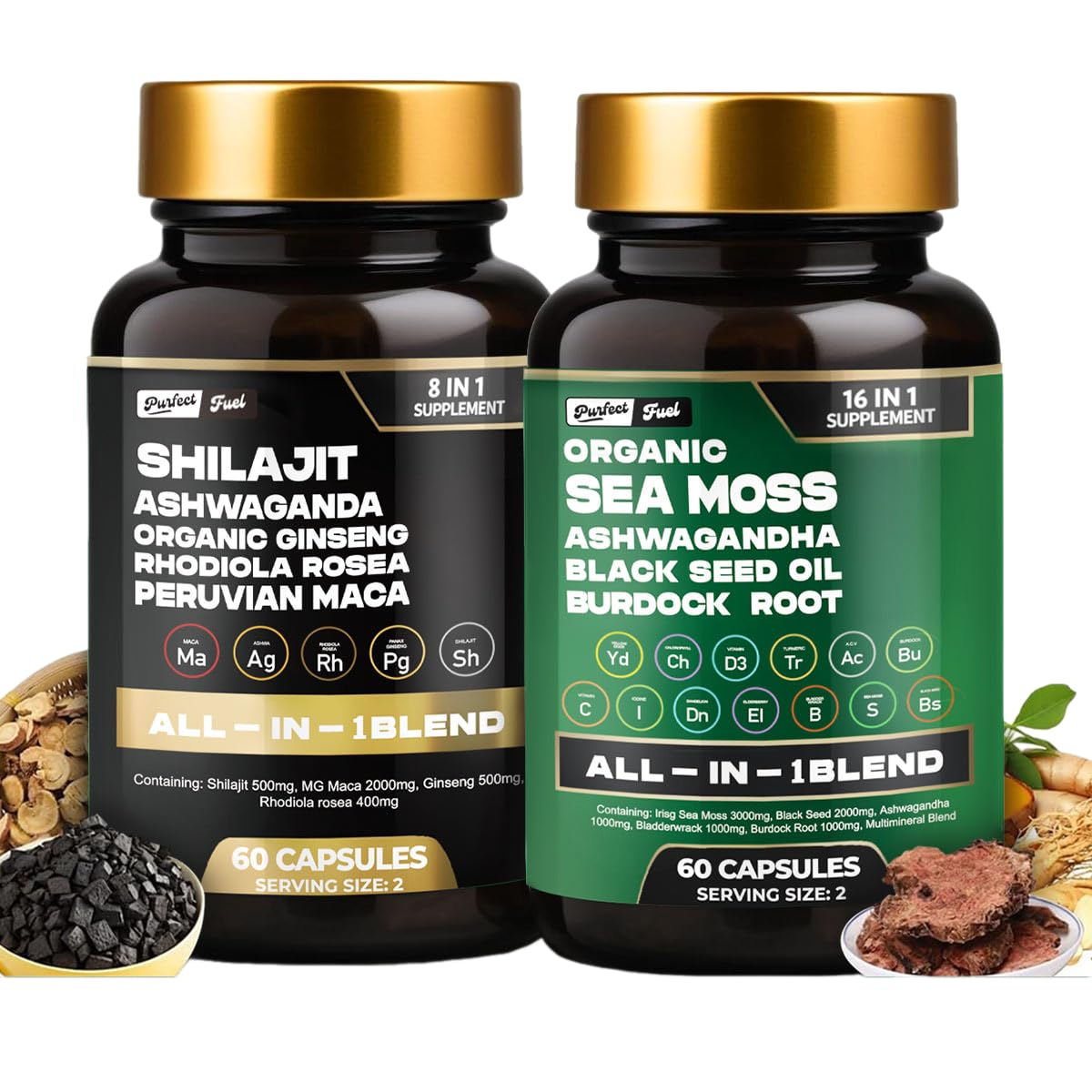 Purfect Fuel Organic Sea Moss & Shilajit Bundle – 16-in-1 + 8-in-1 All-in-One Blend | 2 x 60 Capsules